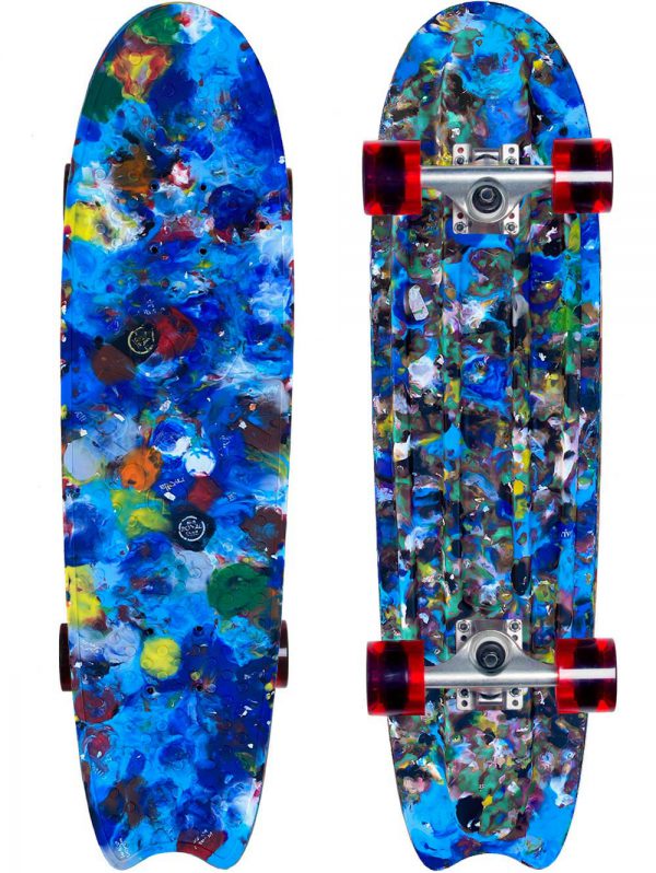 Sustainable skateboard made from blue recycled bottle caps