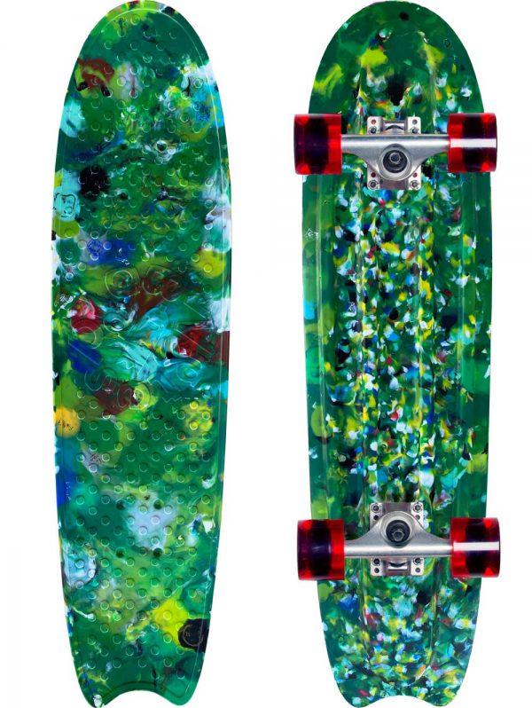 Green skateboard made from recycled bottle caps