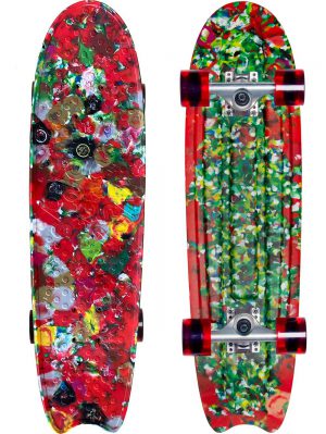 Red plastic skateboard made from recycled bottle caps